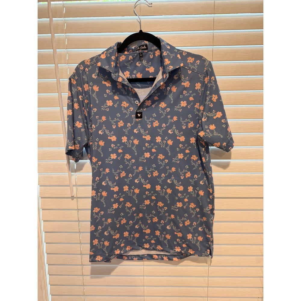 Bad‎ Birdie Mens Floral Golf Polo Shirt Blue Peach Short Sleeve Size S Stretch
